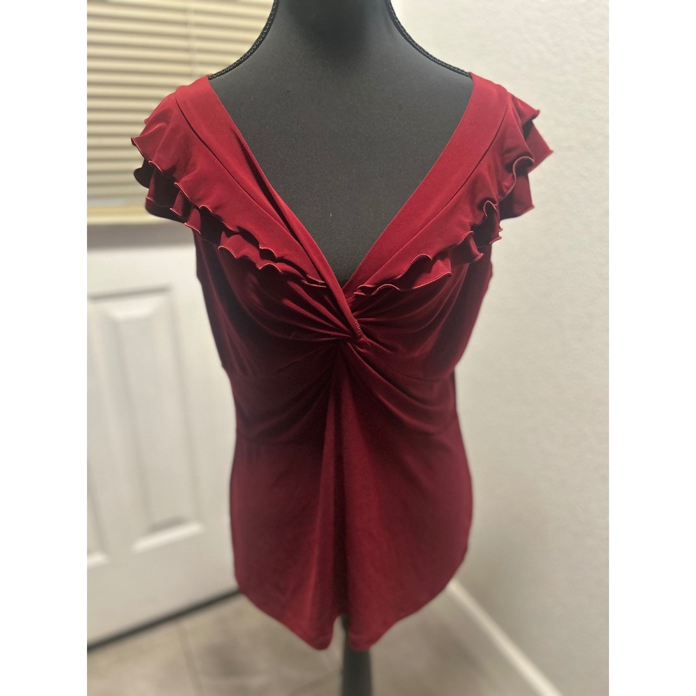 Vintage Suzie Burgundy Ruffle V-Neck Twist Front Sleeveless Top Size L